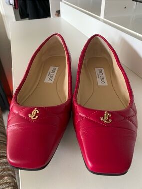Jimmy Choo Red Quilted Leather Square-Toe Ballet Flats with Gold JC Logo